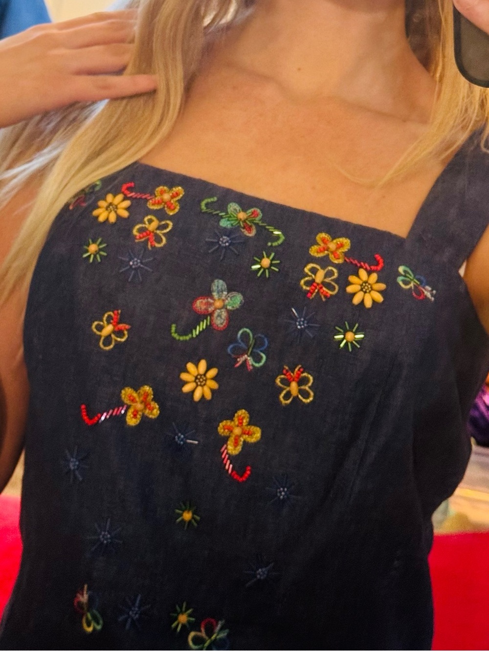 👑 Size 4 Designer Donna Morgan Navy Embroidered Denim Tank Dress - Picture 1 of 16